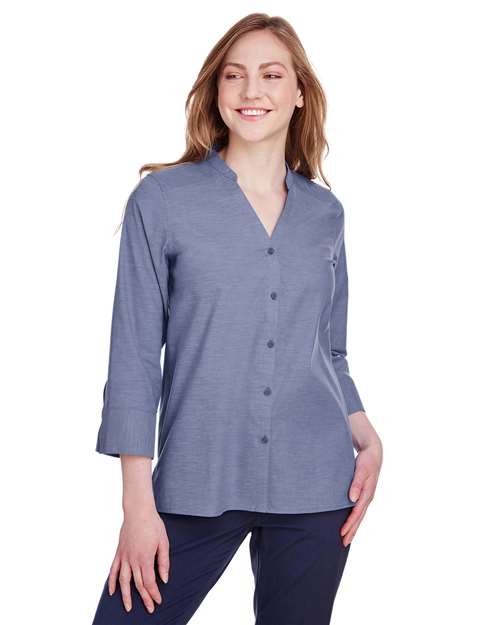 Women's Crown Collection® Stretch Pinpoint Chambra Three-Quarter Sleeve Shirt